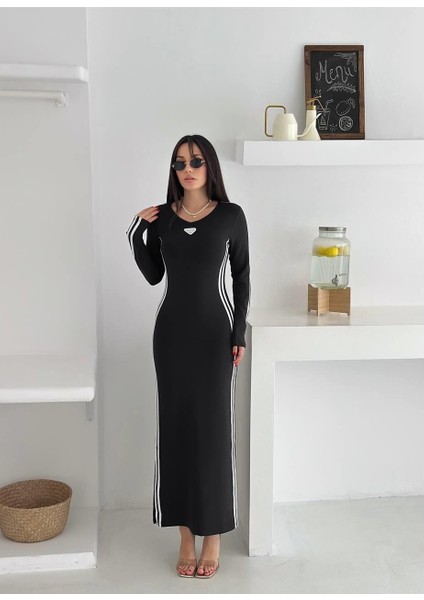 Modal Kumaş Yan Şeritli Uzun Kollu Fit Elbise