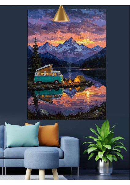 Karavan ve Göl Manzarasında Kamp Dekoratif Kanvas - Mdf Ahşap Tablo