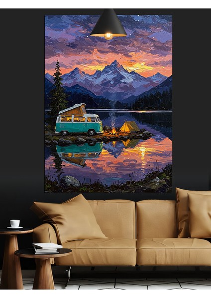 Karavan ve Göl Manzarasında Kamp Dekoratif Kanvas - Mdf Ahşap Tablo fiyatları