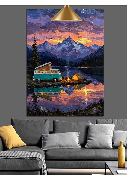 Karavan ve Göl Manzarasında Kamp Dekoratif Kanvas - Mdf Ahşap Tablo modelleri