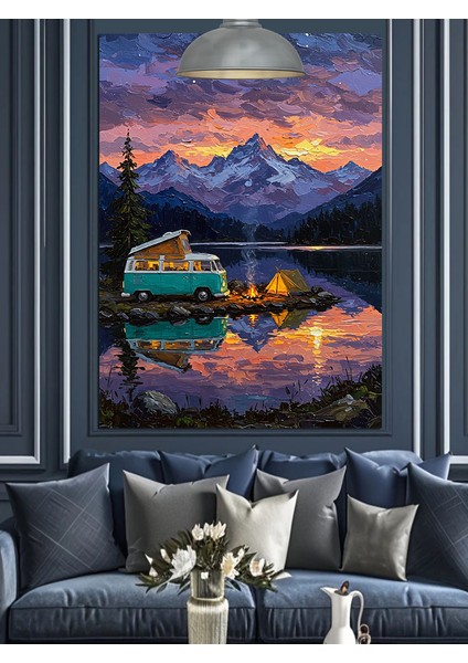 Karavan ve Göl Manzarasında Kamp Dekoratif Kanvas - Mdf Ahşap Tablo fırsatları