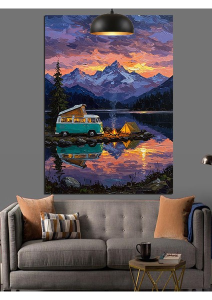 Karavan ve Göl Manzarasında Kamp Dekoratif Kanvas - Mdf Ahşap Tablo indirimleri