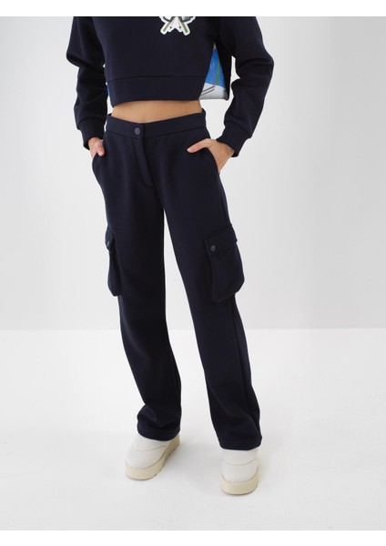 Kadın Lacivert Pamuk Dokulu Oversize Kargo Pantolon