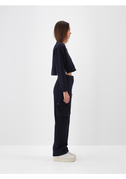 Kadın Lacivert Pamuk Dokulu Oversize Kargo Pantolon