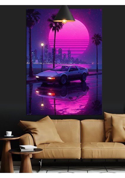 Neon Renk Dolunay ve Araba Dekoratif Kanvas - Mdf Ahşap Tablo