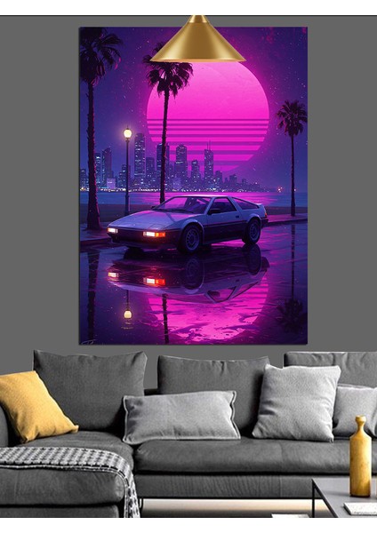 Neon Renk Dolunay ve Araba Dekoratif Kanvas - Mdf Ahşap Tablo fiyatları