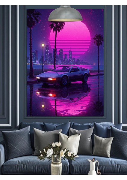 Neon Renk Dolunay ve Araba Dekoratif Kanvas - Mdf Ahşap Tablo modelleri