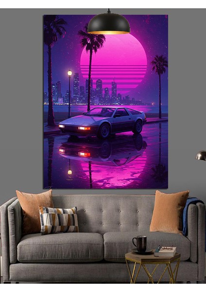 Neon Renk Dolunay ve Araba Dekoratif Kanvas - Mdf Ahşap Tablo fırsatları
