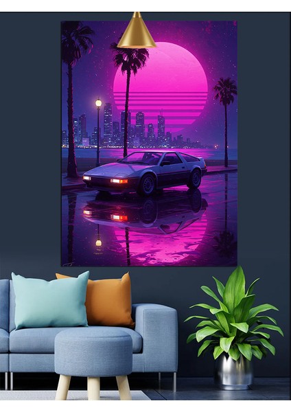 Neon Renk Dolunay ve Araba Dekoratif Kanvas - Mdf Ahşap Tablo indirimleri