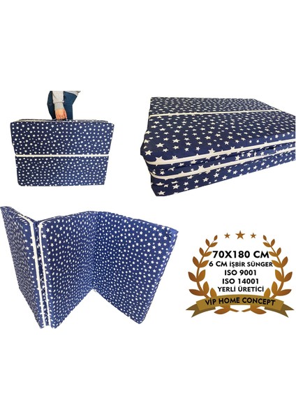 Katlanır Yer Yatağı ve Tek Kişilik Sünger Katlanır Minder Yatak 70X180 cm 6 cm Lacivert Yıldız