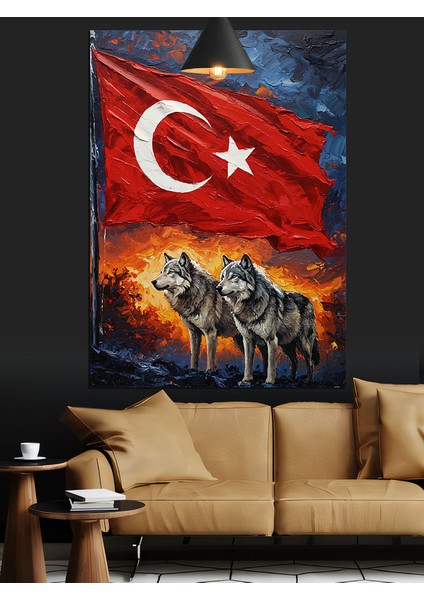 Türk Bayrağı ve Bozkurt Figürü Dekoratif Kanvas - Mdf Ahşap Tablo