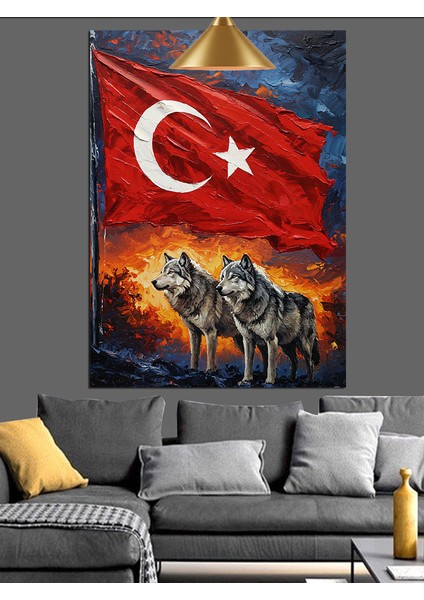 Türk Bayrağı ve Bozkurt Figürü Dekoratif Kanvas - Mdf Ahşap Tablo fiyatları