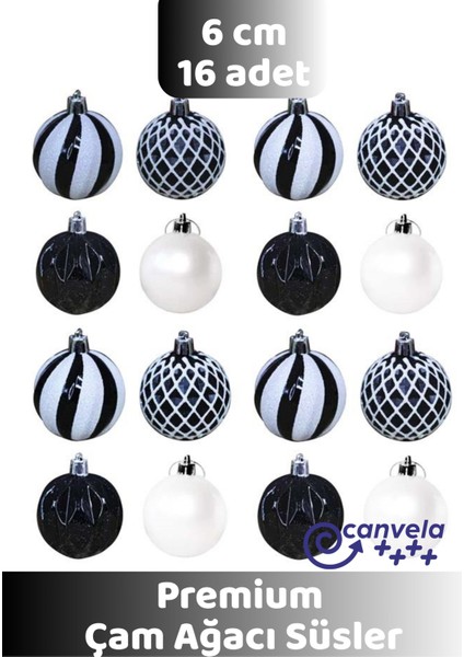 Premium Lüx Yılbaşı Çam Ağacı Siyah Beyaz Renkli 16 Adet 6 cm Top Süsleri