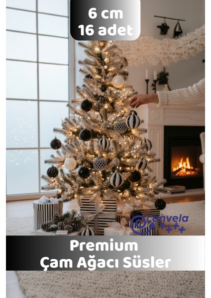 Premium Lüx Yılbaşı Çam Ağacı Siyah Beyaz Renkli 16 Adet 6 cm Top Süsleri fiyatları