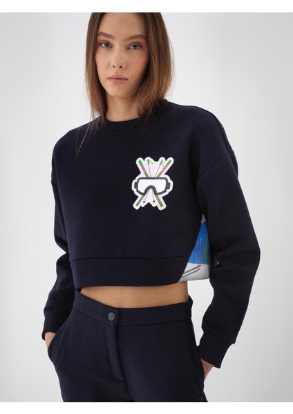 Kadın Lacivert Pamuk Dokulu Oversize Sweatshirt