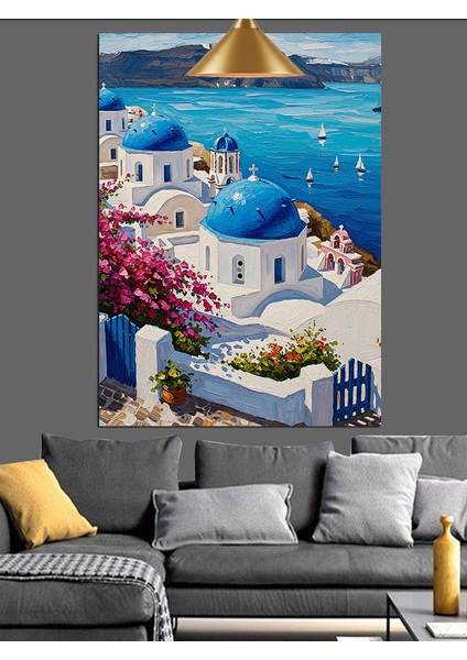 Canlı Mavi ve Beyaz Santorini Adaları Manzarası Dekoratif Kanvas - Mdf Ahşap Tablo