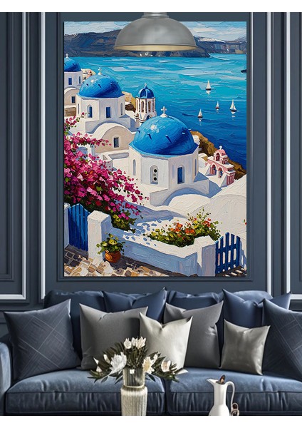 Canlı Mavi ve Beyaz Santorini Adaları Manzarası Dekoratif Kanvas - Mdf Ahşap Tablo fiyatları