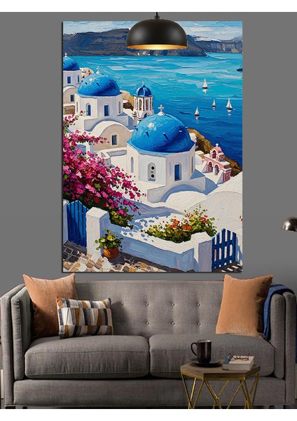 Canlı Mavi ve Beyaz Santorini Adaları Manzarası Dekoratif Kanvas - Mdf Ahşap Tablo modelleri
