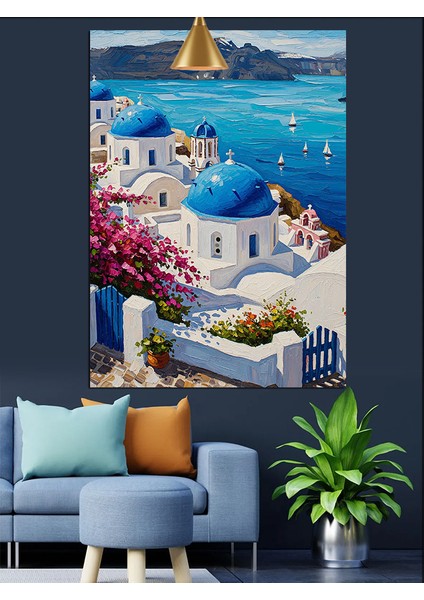 Canlı Mavi ve Beyaz Santorini Adaları Manzarası Dekoratif Kanvas - Mdf Ahşap Tablo fırsatları