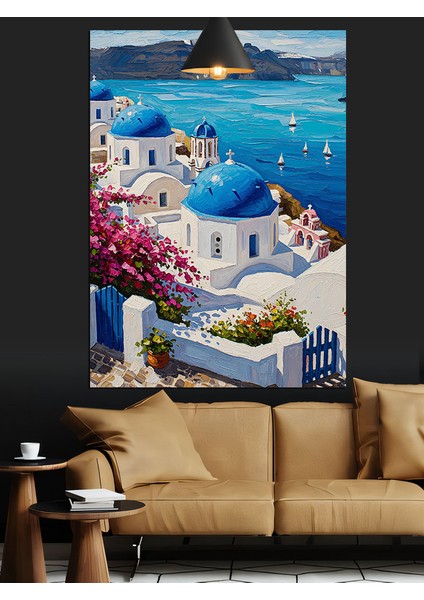 Canlı Mavi ve Beyaz Santorini Adaları Manzarası Dekoratif Kanvas - Mdf Ahşap Tablo indirimleri
