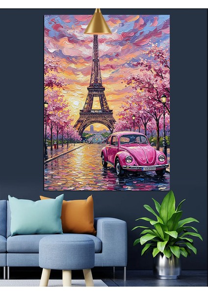 Paris Eyfel Kulesi ve Pembe Araba Dekoratif Kanvas - Mdf Ahşap Tablo