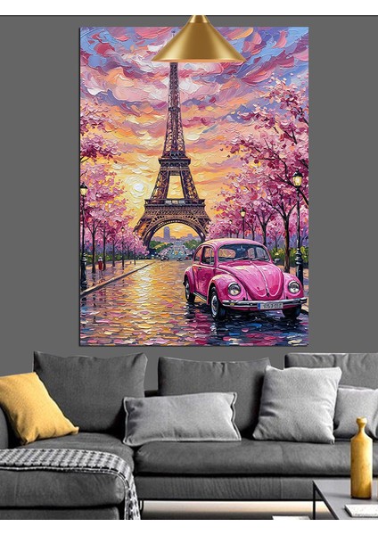 Paris Eyfel Kulesi ve Pembe Araba Dekoratif Kanvas - Mdf Ahşap Tablo modelleri