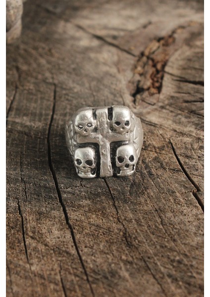 Antik Gümüş Renk Haç Kuru Kafa Işleme Ayarlanabilir Erkek Yüzük