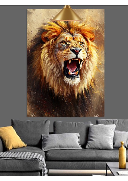Kükreyen Açık Ağızlı Güçlü Aslan Dekoratif Kanvas - Mdf Ahşap Tablo