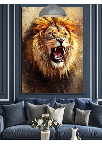 Kükreyen Açık Ağızlı Güçlü Aslan Dekoratif Kanvas - Mdf Ahşap Tablo fiyatları