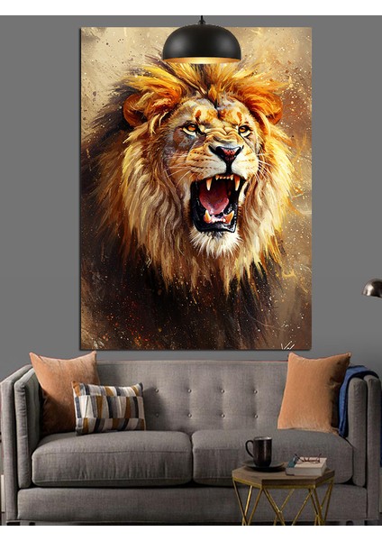 Kükreyen Açık Ağızlı Güçlü Aslan Dekoratif Kanvas - Mdf Ahşap Tablo modelleri