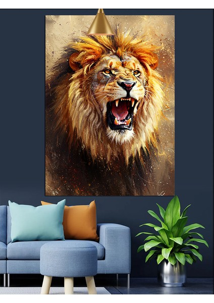 Kükreyen Açık Ağızlı Güçlü Aslan Dekoratif Kanvas - Mdf Ahşap Tablo fırsatları