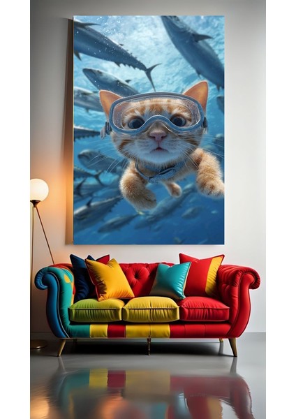 Yüzücü Kedi 1 Ev Duvar Salon Güzellik Salonu Ofis Dükkan Dekarasyon Kanvas Tablo