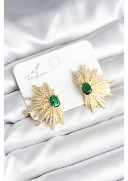 Yeşil Taş Detaylı Zirkon Taşlı Gold Renk Pirinç Kadın Küpe TG27BKP11286