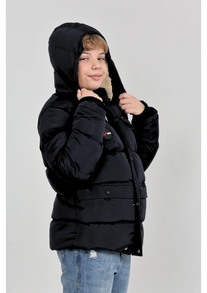 Kışlık Yoğun Şişme Elyaf Dolum Kapüşonlu Kalın Su Geçirmez Erkek Çocuk Mont