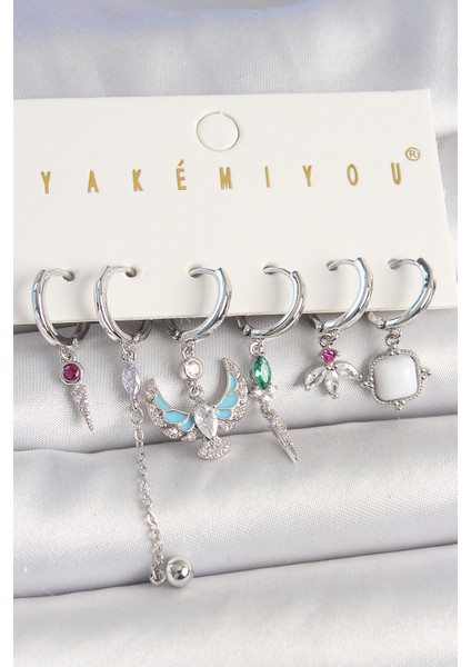 Pirinç Gümüş Renk Zirkon Taşlı Kuş Figür Çiçek Detay 6'lı Kadın Kombin Küpe