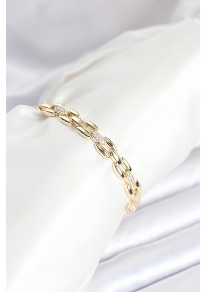 Pirinç Gold Renk Zincir Model Zirkon Taşlı Kadın Bileklik - TJ-BB8029