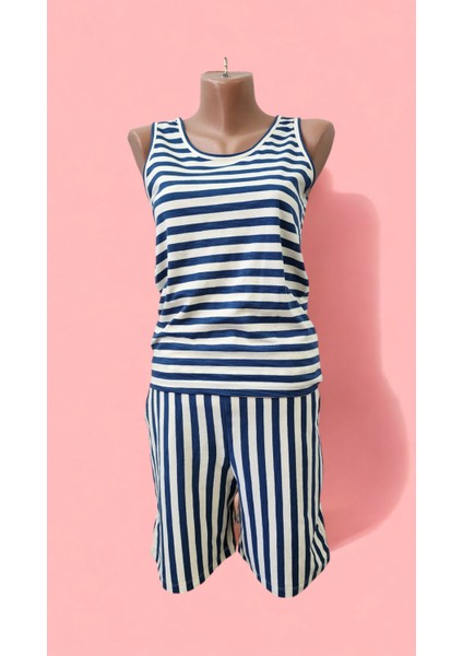 Mavi Çizgili Kadın Basic Dar Kalıp Atlet Şort Alt Üst Takım