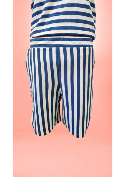 Mavi Çizgili Kadın Basic Dar Kalıp Atlet Şort Alt Üst Takım fiyatları