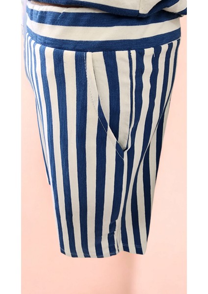 Mavi Çizgili Kadın Basic Dar Kalıp Atlet Şort Alt Üst Takım modelleri