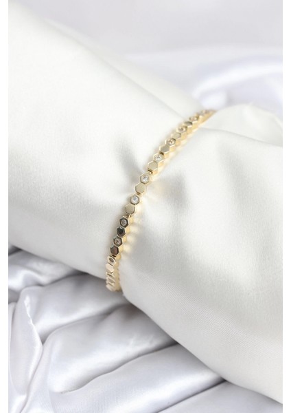 Pirinç Gold Renk Ince Petek Model Kadın Bileklik - TJ-BB8025