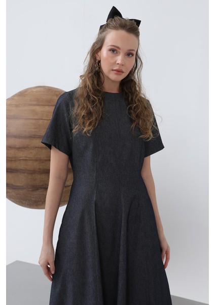 Kadın Denim Açılımlı Midi Elbise