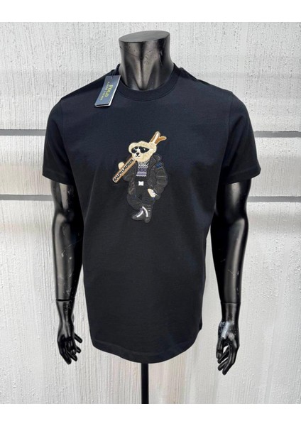 Erkek Premium Nakışlı Ayıcık Baskılı Siyah Tişört