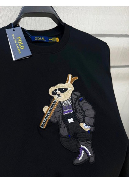 Erkek Premium Nakışlı Ayıcık Baskılı Siyah Tişört fiyatları