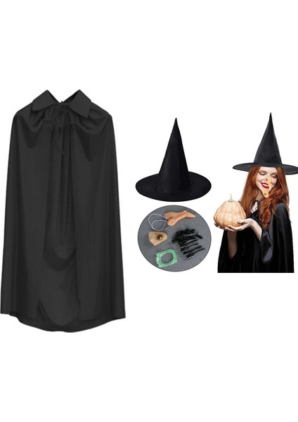 Cadı Kostüm Seti 6 Parça - Şapka Pelerin Diş Tırnaklar Çene ve Burun