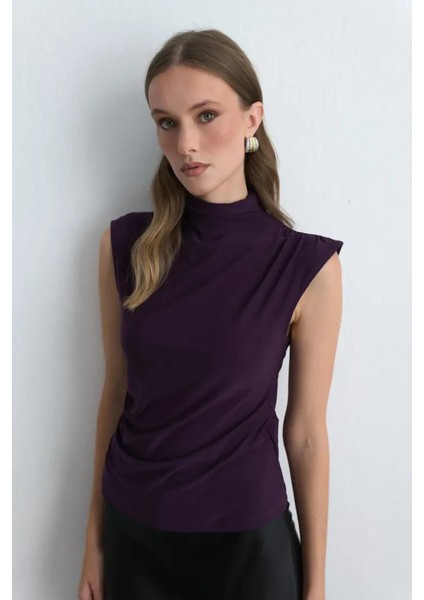 Dik Yakalı Jarse Bluz - Mürdüm