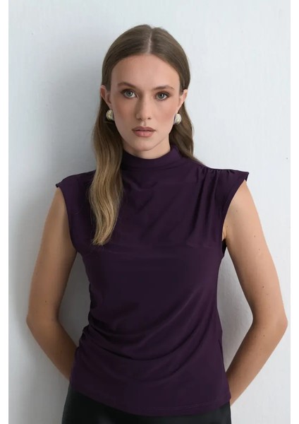 Dik Yakalı Jarse Bluz - Mürdüm modelleri