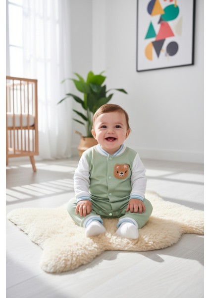 Kolej Yaka Ayıcık Aplike Detaylı Yeşil Bebek Tulumu