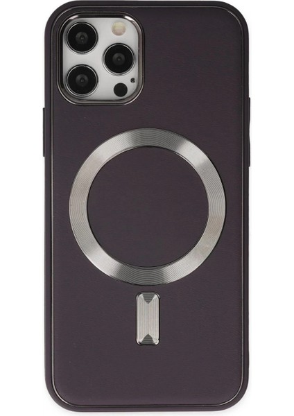 iPhone 12 Pro Max Kılıf Coco Deri Magneticsafe Silikon - Derin Mor