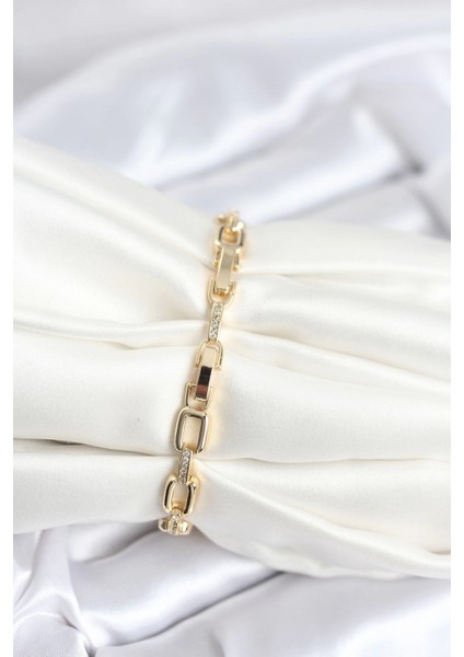 Pirinç Gold Renk Kare Zincir Model Zirkon Taşlı Kadın Bileklik - TJ-BB8030 fiyatları