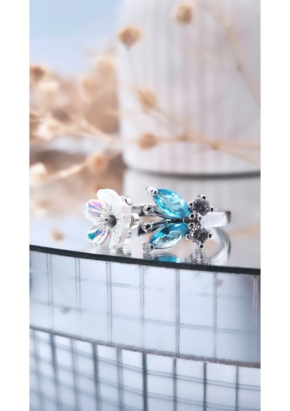 Yaprak Çiçek Taşlı Mineli Çelik Kaplama Yüzük